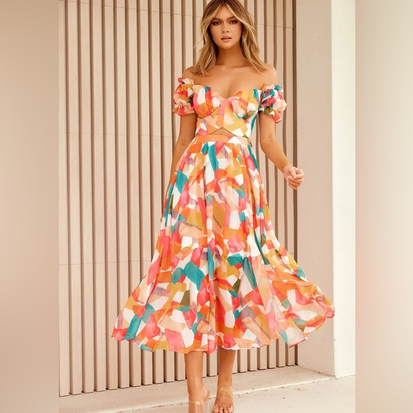Sage + Paige dress Fresh Start Midi off shoulder flowy chiffon milkmaid dress - Picture 3 of 8